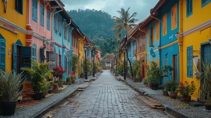 Obraz premium Colorful Colonial Street Cobblestone Road Tropical Plants Asia Travel