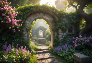 Fototapeta premium a illustration of archway landscape allotment fairy