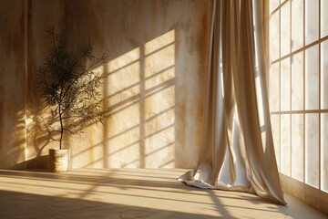 Minimalist Modern Interior with Beige Wall, Curtains, and Sunlight. Ideal for Advertising, Fashion, and Product Display