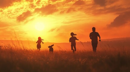Sunset Family Fun Run: Silhouetted Family and Dog Enjoying an Evening Run in a Golden Field