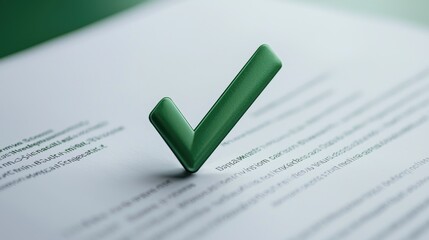 Green Check Mark on Printed Document with Blurred Text in Soft Focus Background