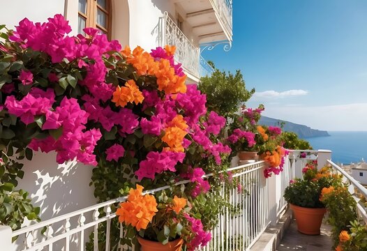 Blooming pink bougainvillea in front of houses in Oia, Santorini, Greece