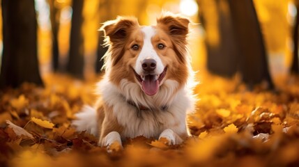 Portrait of happy dog rejoices in autumn.