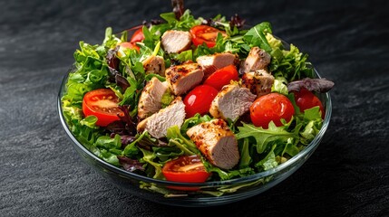 Grilled chicken and cherry tomato salad in a glass bowl.