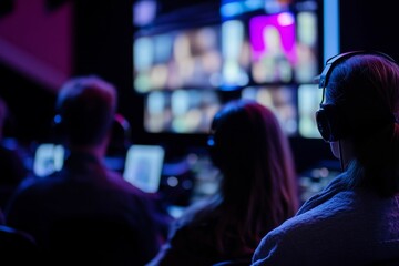 Naklejka premium People wearing headphones watch video screens.