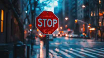 Urban Street Stop Sign in a City Setting with Blurred Background and Evening Lights - Powered by Adobe