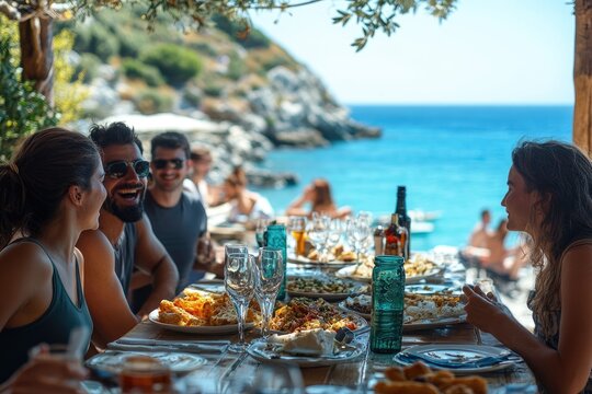 Friends enjoying lunch with ocean view at beach restaurant