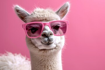 Fototapeta premium Adorable llama wearing trendy pink sunglasses and chewing bubblegum against a colorful background