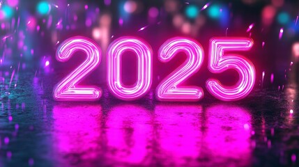 Neon Glow 2025 New Year - Vibrant neon pink 2025 digits reflecting on a wet surface, symbolizing new beginnings, hope, future, progress, and celebration.
