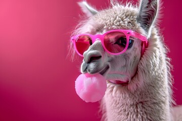 Adorable llama alpaca chewing bubblegum in stylish pink sunglasses against a colorful backdrop