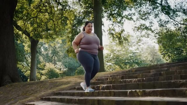 An overweight woman going up or down the stairs in the park, sports, working out