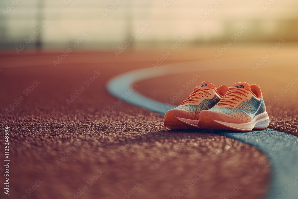 Leinwandbilder Brightly colored running shoes rest on a track, symbolizing readiness for a vigorous exercise session as the sun sets in the background. Generative AI