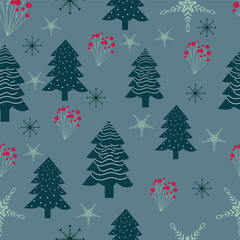 Print Winter holidays background with winter tree and snowflakes. Winter card design. seamless White snow falling on sky blue  pattern. repeating texture for  greeting card or banner. Vector eps10 