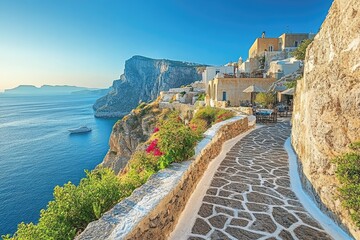 Picturesque fira town overlooking aegean sea on santorini island, greece