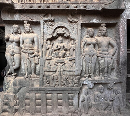 Ancient carved structure of the wall of cave chaitya, Karla caves (Lonavala, Maharashtra)