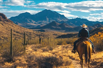Cowboy riding horse exploring arizona desert landscape with cacti and mountains