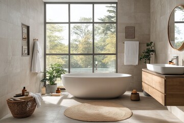 Modern bathroom with large window overlooking nature