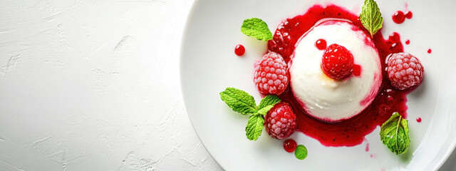 Obraz premium Elegant panna cotta dessert with fresh raspberries and mint leaves, beautifully plated with vibrant raspberry sauce on a white background for a sophisticated presentation.