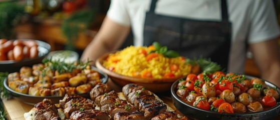 Obraz premium Delicious Cypriot Meze Platter Grilled Meat Rice Vegetables