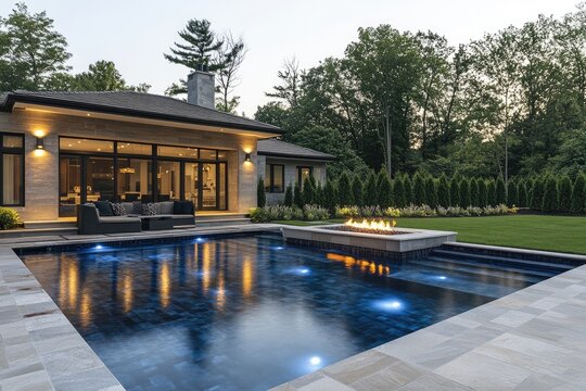 Modern backyard with illuminated swimming pool and fire pit at dusk - Powered by Adobe