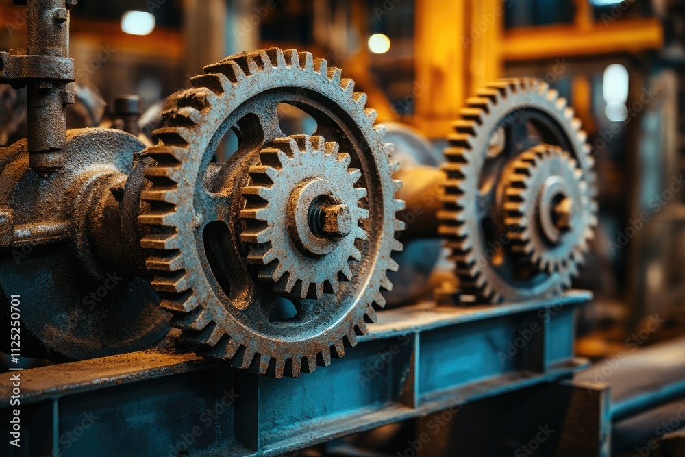 Poster Large rusty gears rotating in an old industrial factory