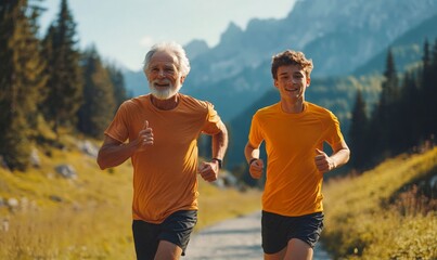 grandfather and grandson jog together through a sunny autumn forest. active and healthy lifestyle. family bonding and fitness.