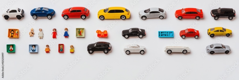 Poster bright assortment of children's toys scattered on a white surface, featuring cars, dolls, and blocks