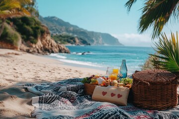 Romantic picnic on tropical beach with turquoise water and mountains