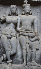 Ancient carved structure of the wall of cave chaitya, Karla caves (Lonavala, Maharashtra)