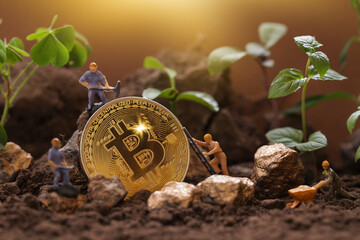 Sustainability Green Cryptocurrency Mining. Blockchain, Miner figurines digging ground to uncover big Gold bitcoin. Eco-friendly cryptocurrencies.