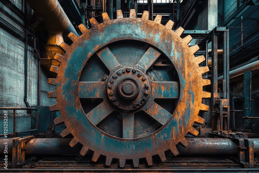 Aufkleber large rusty gear rotating in industrial factory setting