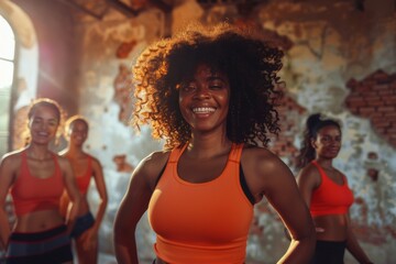 Group of diverse women enjoying energetic Zumba dance class indoors, expressing joy, confidence, health and active lifestyle through fitness, community, and movement in a vibrant urban space