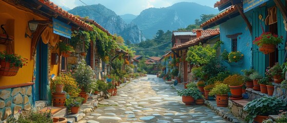 Fototapeta premium Picturesque Mountain Village Street Colorful Houses Cobblestone Road Lush Flowers