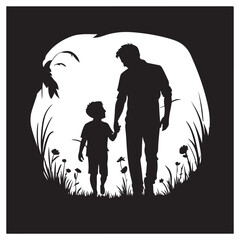 Father and kid. Happy dad with sons, daughters and baby. Man spend time with children, hug, walk and play Family Silhouette MyDaddy 