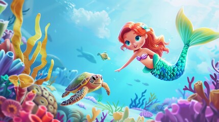 Fototapeta premium : A charming cartoon mermaid exploring a coral reef with an animated sea turtle, set in a vibrant watercolor ocean world.