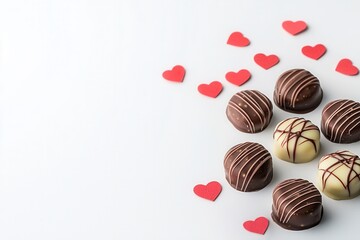 Fototapeta premium A Valentine delightful arrangement of chocolate truffles surrounded by small red hearts, perfect for a romantic occasion or sweet treat.