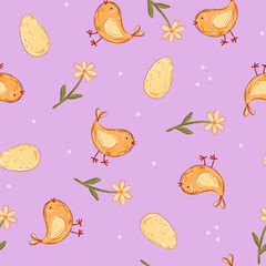 Easter seamless pattern with chicks, eggs, daisies and flowers, perfect for packaging, tablecloths, kitchen textiles, wrapping paper.