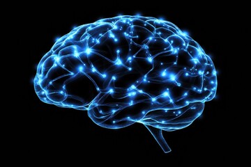 A detailed view of a brain with stunning blue neural pathways glowing brightly against a dark background, highlighting neural connectivity. Generative AI