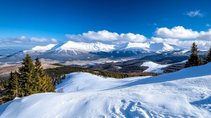Stunning View of Snow Capped European Mountains - Majestic snow-covered peaks, winter wonderland, serene landscape, breathtaking vista, tranquil nature.