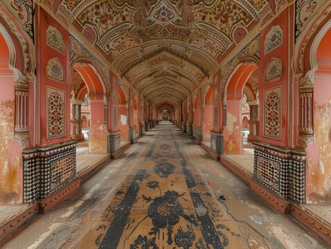 Majestic Pink City Corridor Ancient Architecture Intricate Design Indian Palace Interior