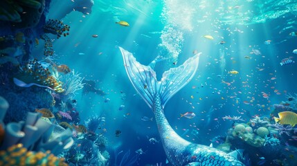 Obraz premium : A mesmerizing underwater view of a light blue mermaid tail drifting through the clear blue waters, surrounded by vibrant marine life.