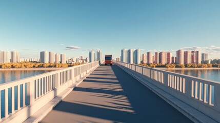 Obraz premium Scenic View of a Modern Bridge Connecting Two Urban Areas with a Truck Driving Towards Cityscape and Reflections on Calm Water Under Clear Blue Sky
