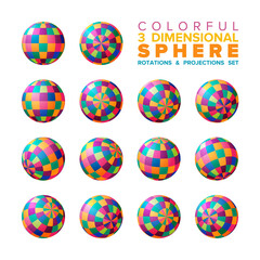 3d vibrant color checkered sphere rotations and projections set
