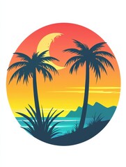 Vibrant sunset with palm trees and a serene beach landscape. Wallpaper Design, Phone Case Design, Screen Backgrounds
