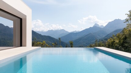Fototapeta premium Serene Modern Infinity Pool Overlooking Majestic Mountains with Clear Blue Sky and Lush Green Nature in the Background