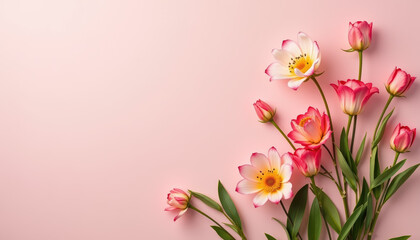 Fototapeta premium Charming arrangement of Tulips against a soft pink background, perfect for text placement for special occasions and celebrations.