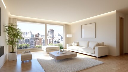 Fototapeta premium Modern minimalist living room with city view, white sofa, coffee table, rug, and plant.
