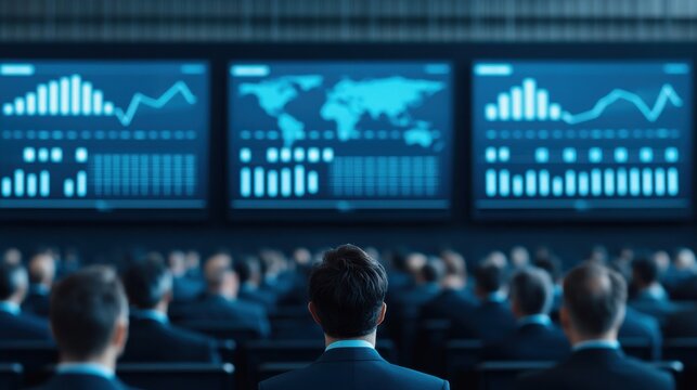 Business professionals attending a data analysis presentation with digital screens displaying global statistics, graphs, and charts in a corporate environment