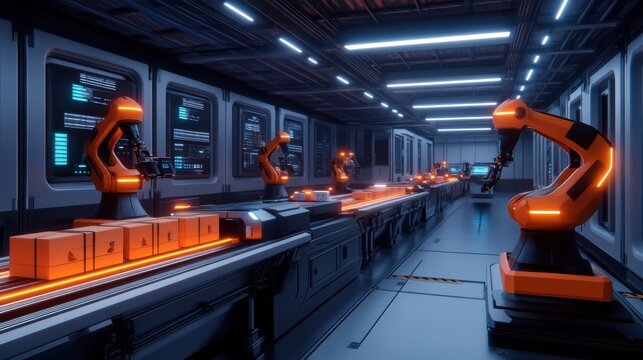 Futuristic Automated Warehouse with Robotic Arms and High-Tech Interfaces in a Modern Industrial Environment for Streamlined Logistics and Operations
