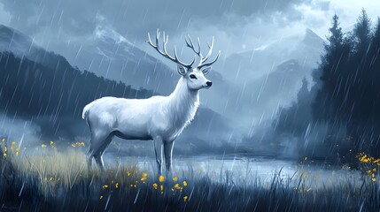 Naklejka premium A majestic white deer with perfect antlers, and beautiful rainy scenery
